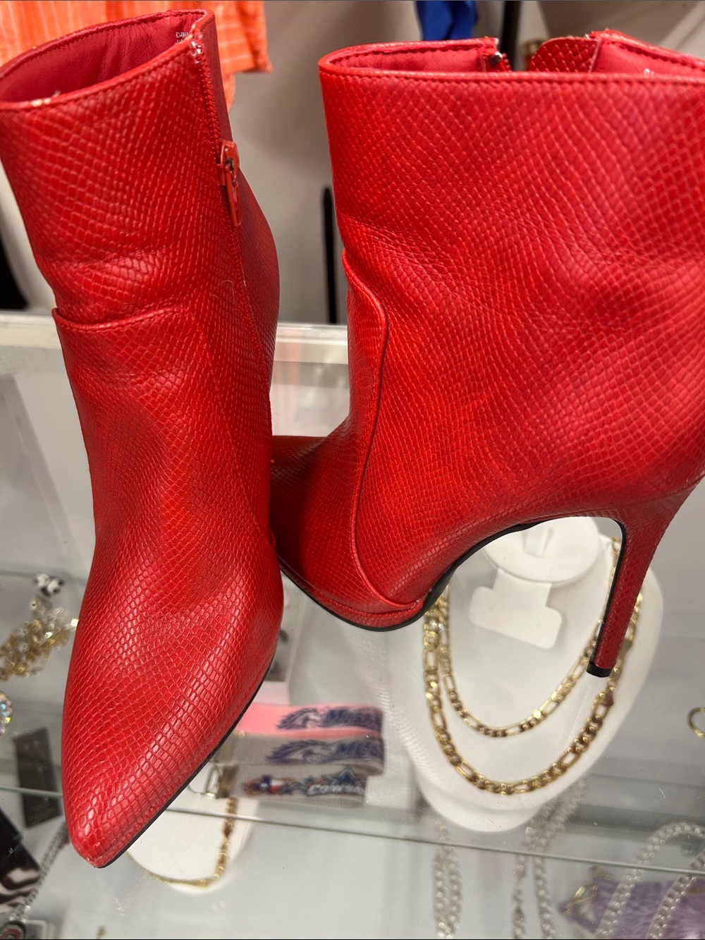 Shoe Dazzle Red Textured Pointed-Toe Stiletto Ankle Boots